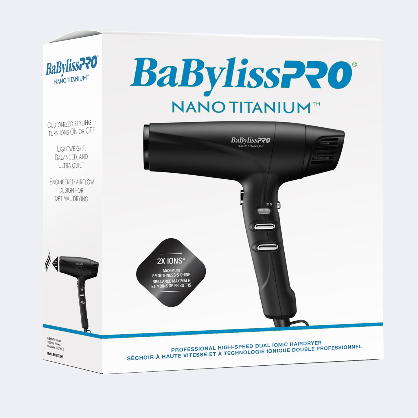 BaBylissPRO Nano Titanium High-Speed Dual Ionic Hairdryer (Black)(BNT9100BKC)