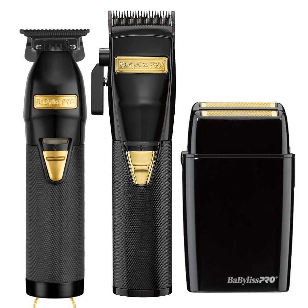 BaBylissPRO BlackFX Lithium Hair Clipper & Skeleton Beard Trimmer & Double Metal Foil Shaver (FX870BN & FX787BN & FXFS2B) - Barber Combo Set