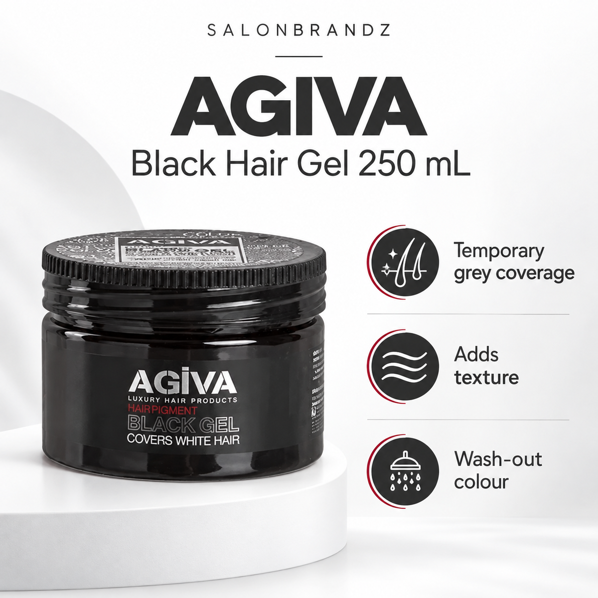 Agiva Black Hair Gel 250 mL benefits: Temporary grey coverage, Adds texture, Wash-out colour