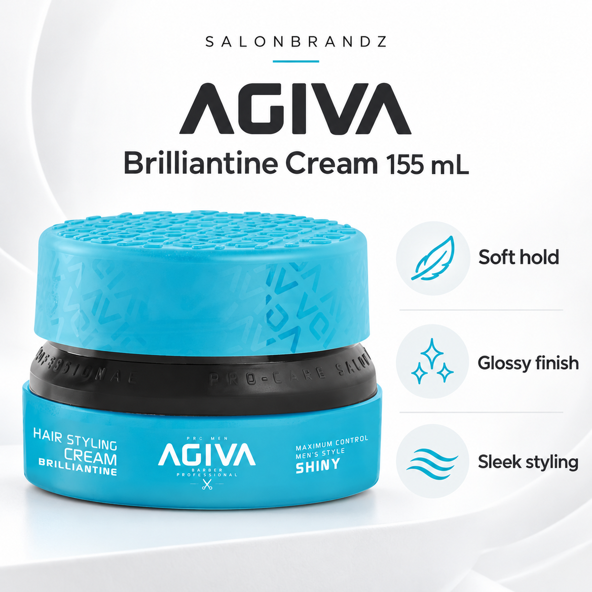 Agiva Brilliantine Cream 155 mL benefits: Soft hold, Glossy finish, Sleek styling