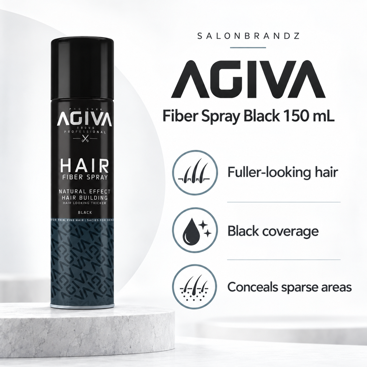 Agiva Fiber Spray Black 150 mL benefits: Fuller-looking hair, Black coverage, Conceals sparse areas