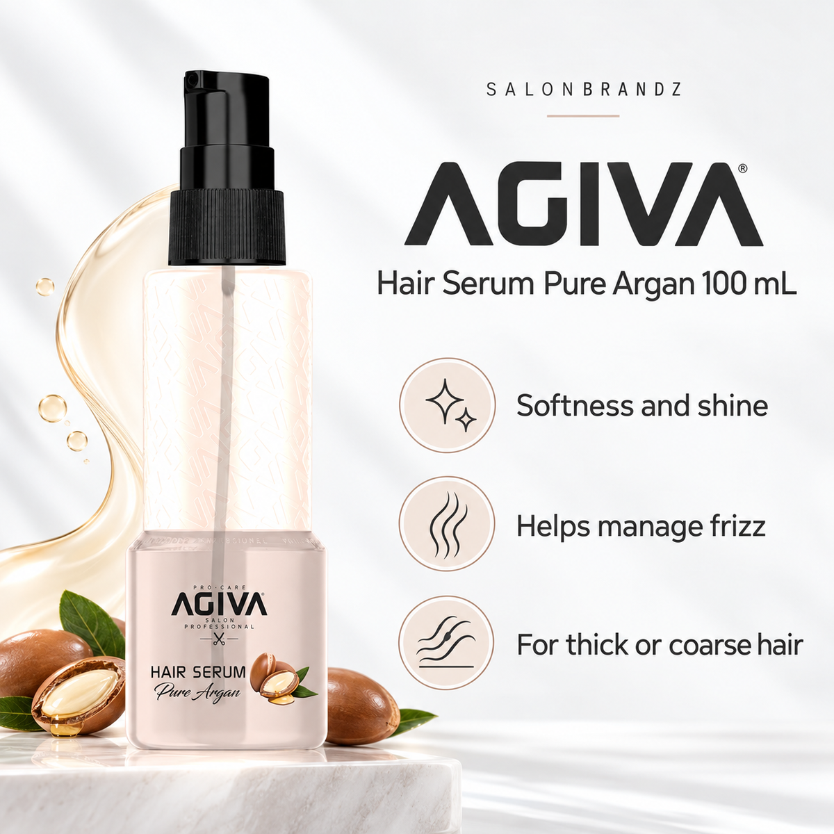 Agiva Hair Serum Pure Argan 100 mL benefits: Softness and shine, Helps manage frizz, For thick or coarse hair