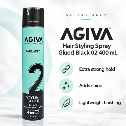 Agiva Hair Styling Spray Glued Black 02 400 mL benefits: Extra strong hold, Adds shine, Lightweight finishing