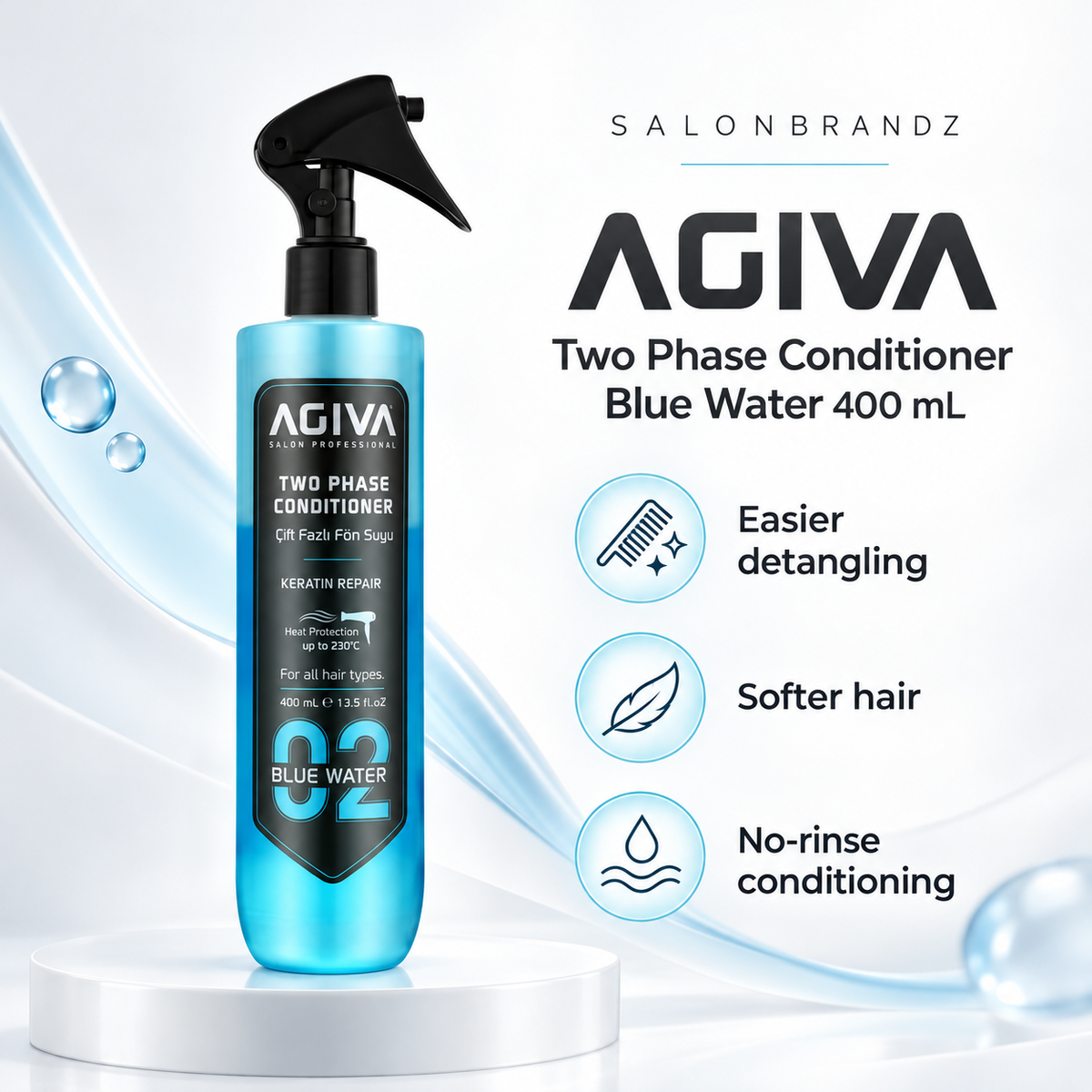 Agiva Two Phase Conditioner Blue Water 400 mL benefits: Easier detangling, Softer hair, No-rinse conditioning
