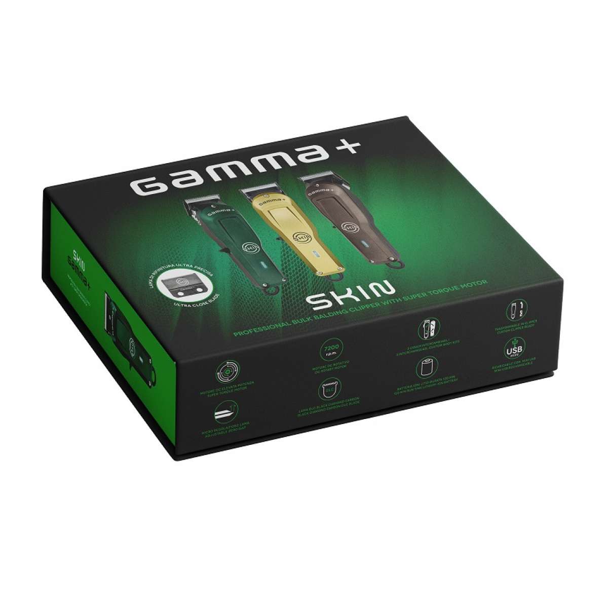 Gamma+ SKIN Professional Bulk Balding Clipper – Super‑Torque 7,200 RPM, Black Diamond Carbon DLC Blade, 3‑Hour Runtime