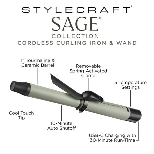 Style craft Sage 1” Cordless Spring Curling Iron & Wand with Removable Clamp
