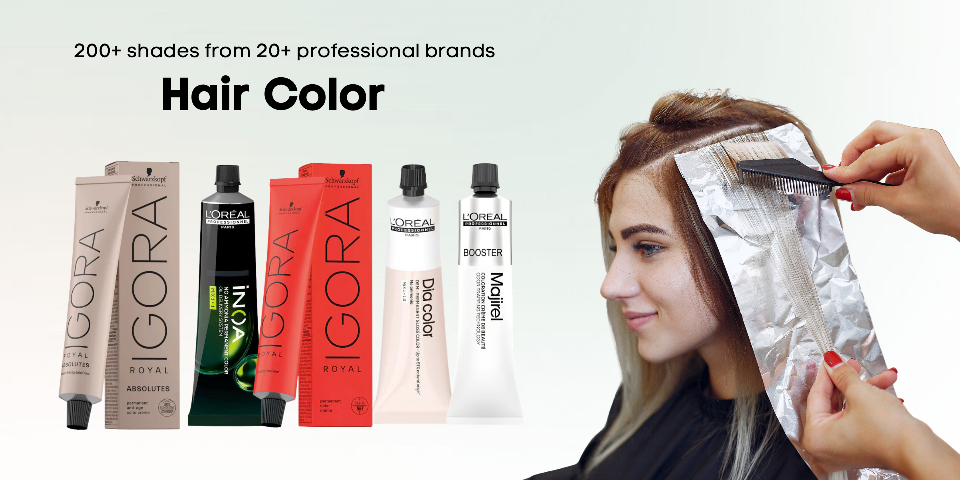 Hair color products with a woman getting her hair dyed, featuring brands like Igora.