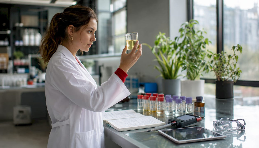 Scientist examining ammonia-free hair colour formula in lab