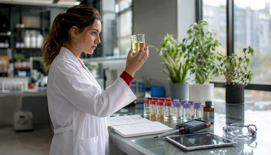 Scientist examining ammonia-free hair colour formula in lab