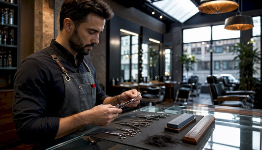 Barber selecting professional shears on table