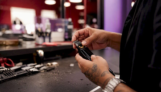 Close-up hands attaching trimmer blade