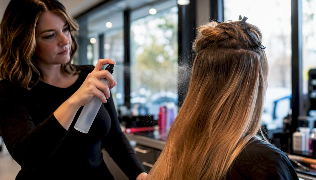 Stylist spraying heat protectant on hair