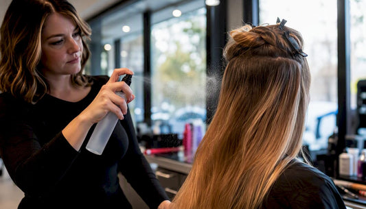 Stylist spraying heat protectant on hair