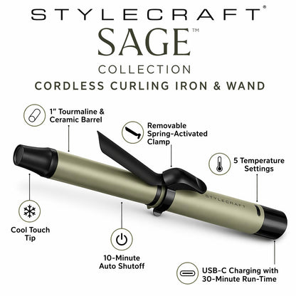 Style craft Sage 1” Cordless Spring Curling Iron & Wand with Removable Clamp