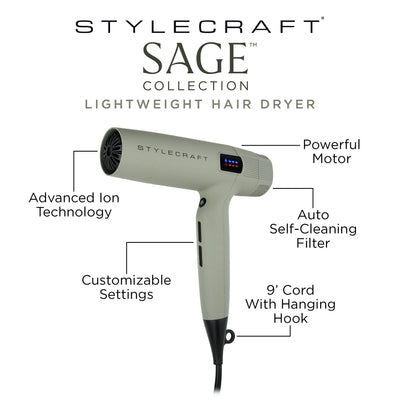 StyleCraft Sage Professional Lightweight Hair Dryer with Digital Brushless Motor