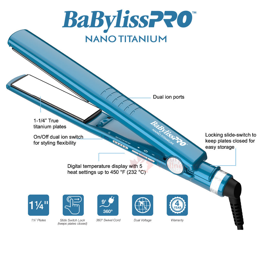 BaBylissPRO Nano Titanium 1-1/4" Dual Ionic Flat Iron BNT9125TC – Blue