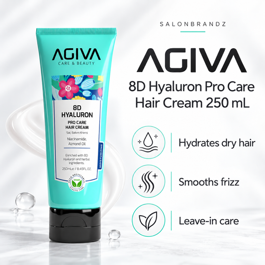 Agiva 8D Hyaluron Pro Care Hair Cream 250 mL benefits: Hydrates dry hair, Smooths frizz, Leave-in care