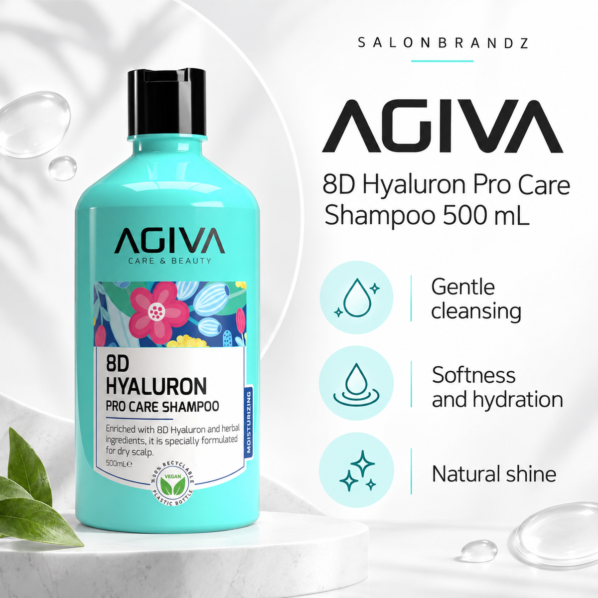 Agiva 8D Hyaluron Pro Care Shampoo 500 mL benefits: Gentle cleansing, Softness and hydration, Natural shine