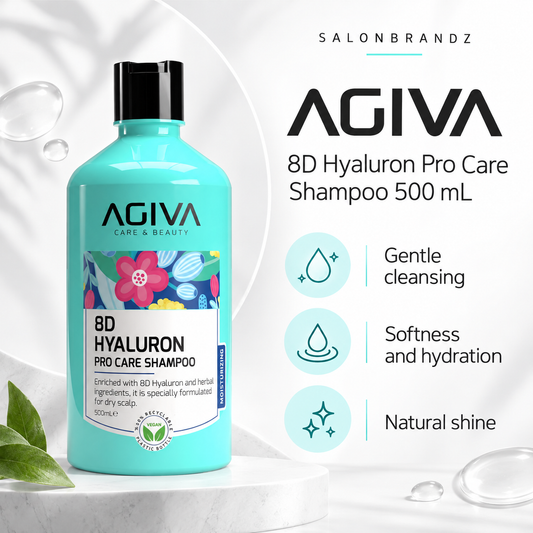 Agiva 8D Hyaluron Pro Care Shampoo 500 mL benefits: Gentle cleansing, Softness and hydration, Natural shine