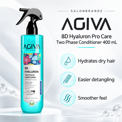 Agiva 8D Hyaluron Pro Care Two Phase Conditioner 400 mL benefits: Hydrates dry hair, Easier detangling, Smoother feel