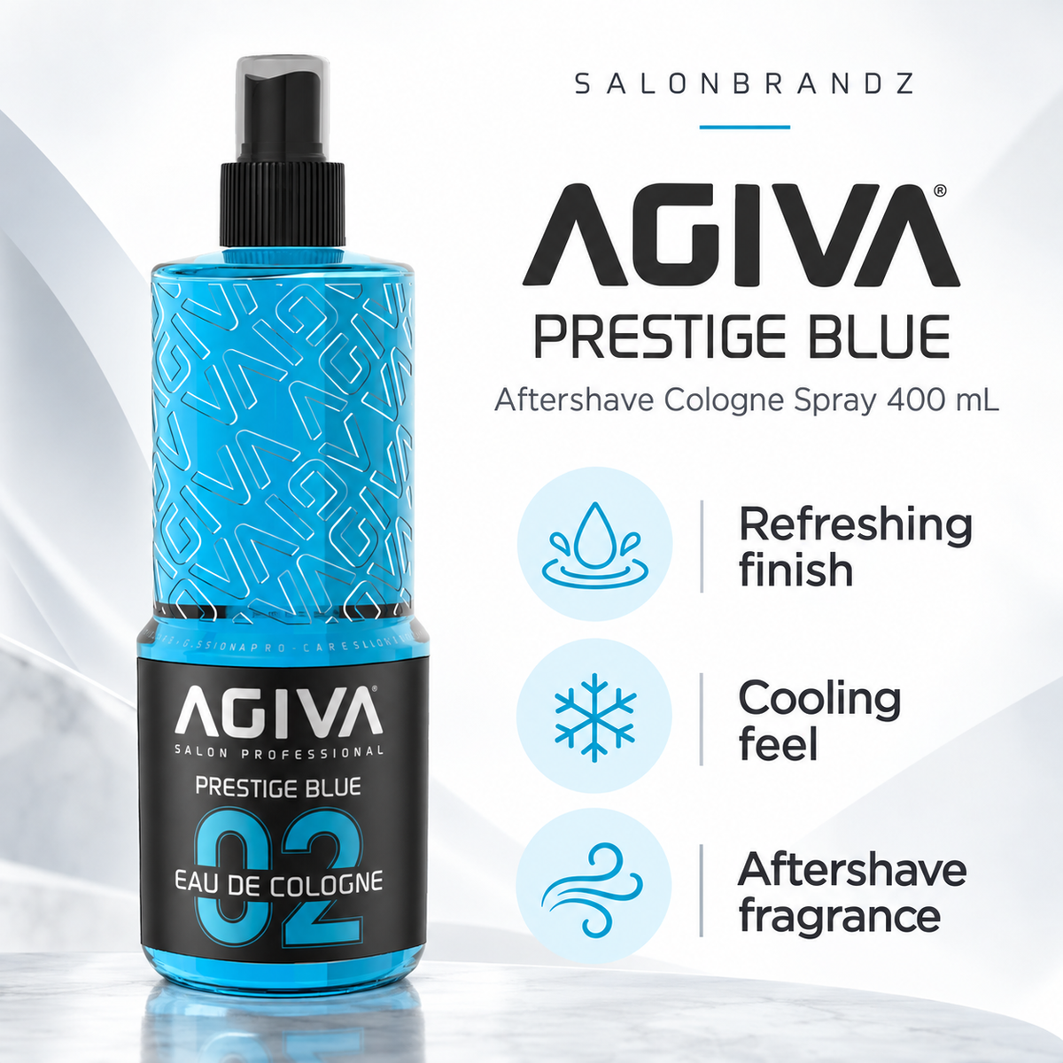 Agiva Aftershave Cologne Spray 400 mL benefits: Refreshing finish, Cooling feel, Aftershave fragrance