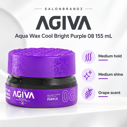 Agiva Aqua Wax Cool Bright Purple 08 155 mL benefits: Medium hold, Medium shine, Grape scent