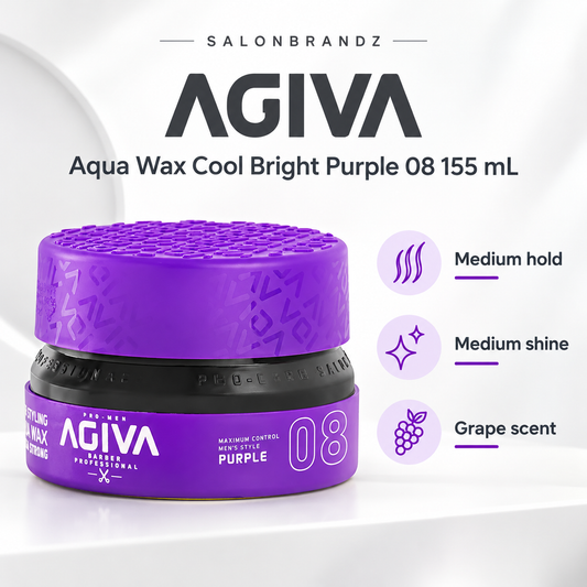 Agiva Aqua Wax Cool Bright Purple 08 155 mL benefits: Medium hold, Medium shine, Grape scent