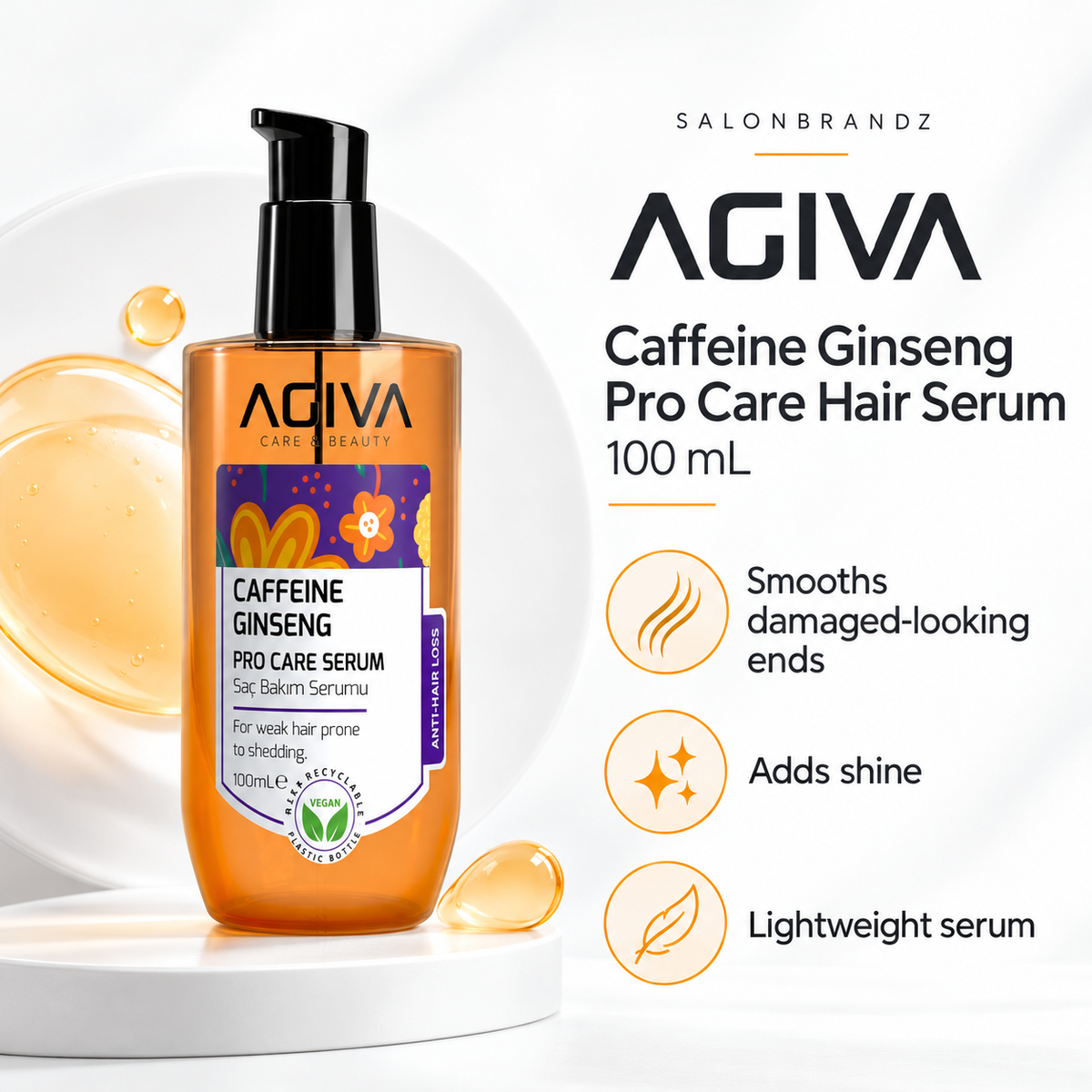 Agiva Caffeine Ginseng Pro Care Hair Serum 100 mL benefits: Smooths damaged-looking ends, Adds shine, Lightweight serum
