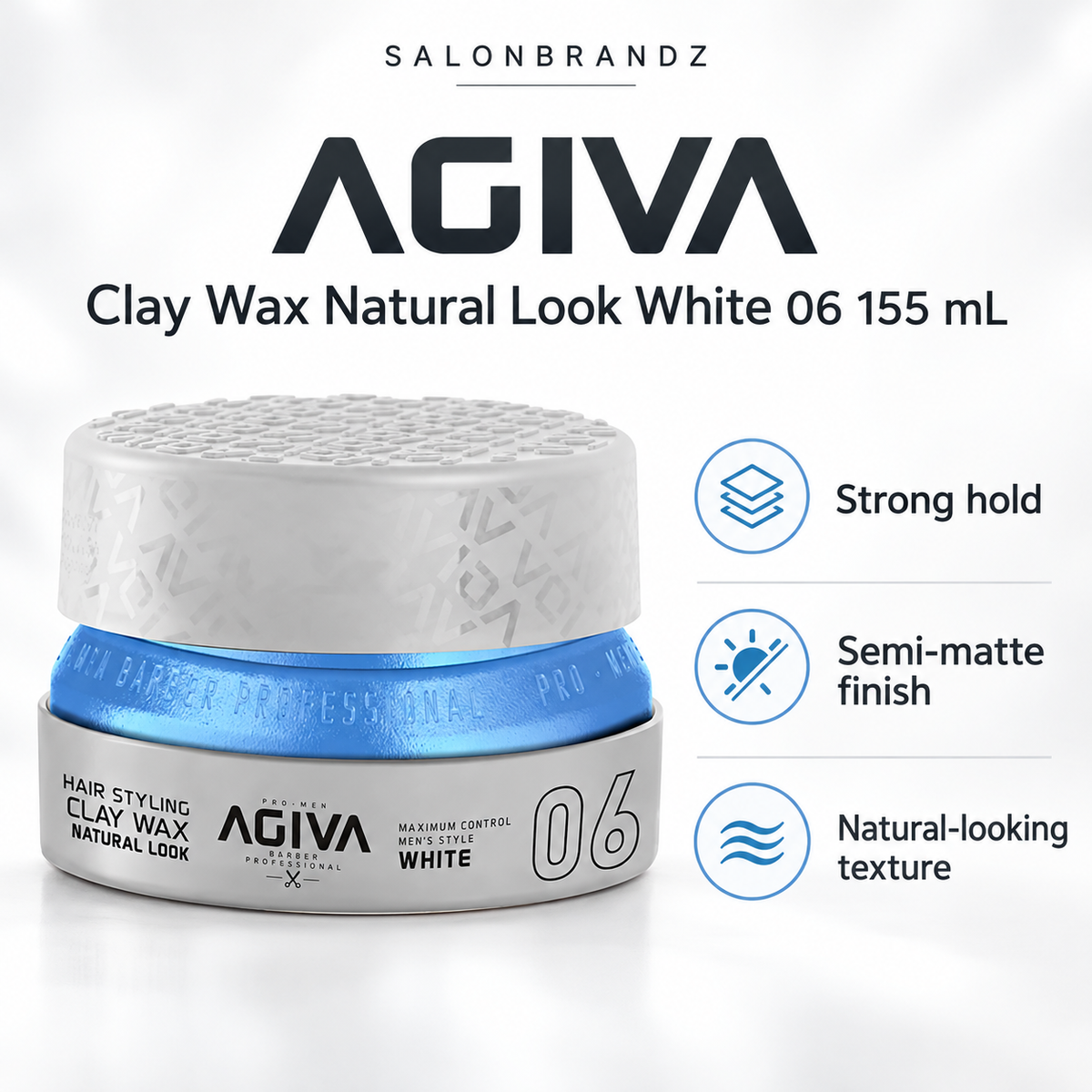 Agiva Clay Wax Natural Look White 06 155 mL benefits: Strong hold, Semi-matte finish, Natural-looking texture