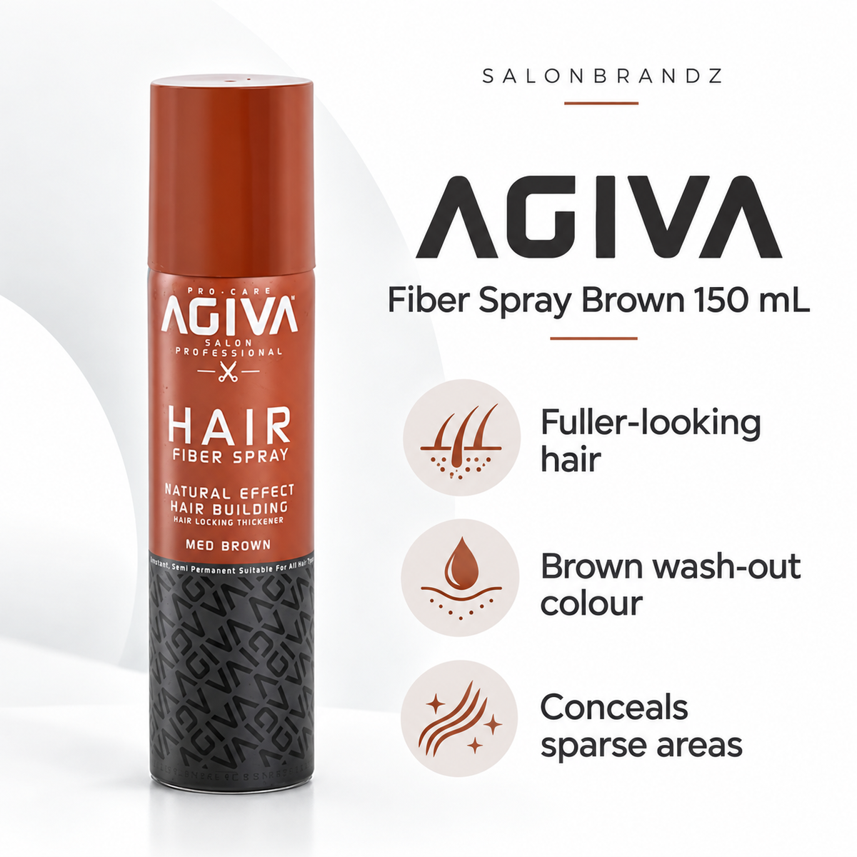 Agiva Fiber Spray Brown 150 mL benefits: Fuller-looking hair, Brown wash-out colour, Conceals sparse areas