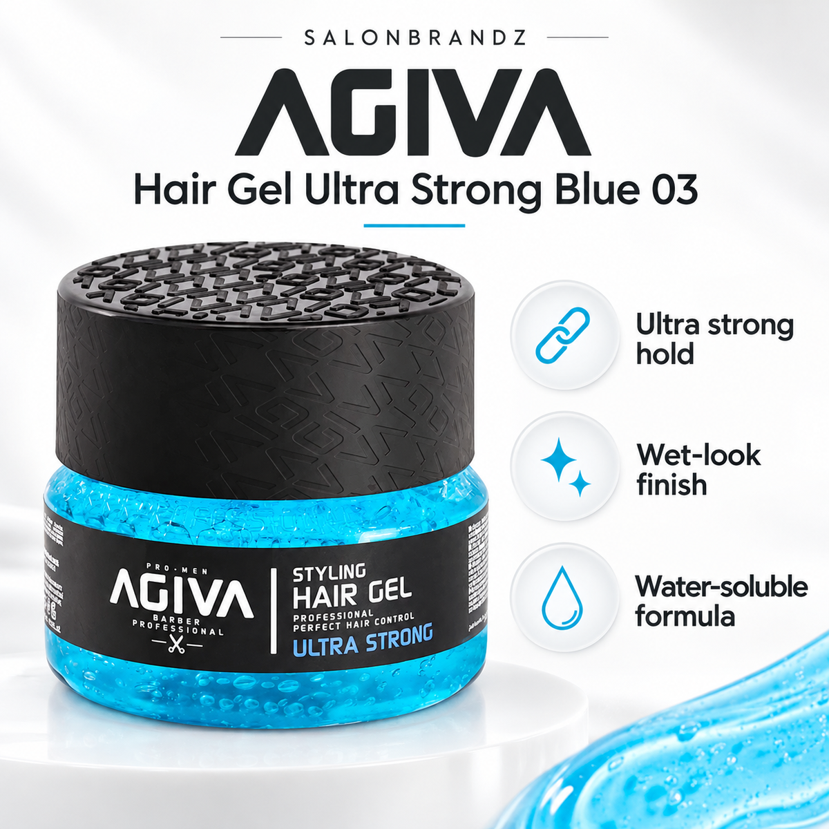 Agiva Hair Gel Ultra Strong Blue 03 benefits: Ultra strong hold, Wet-look finish, Water-soluble formula