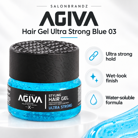 Agiva Hair Gel Ultra Strong Blue 03 benefits: Ultra strong hold, Wet-look finish, Water-soluble formula