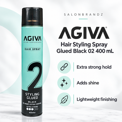 Agiva Hair Styling Spray Glued Black 02 400 mL benefits: Extra strong hold, Adds shine, Lightweight finishing