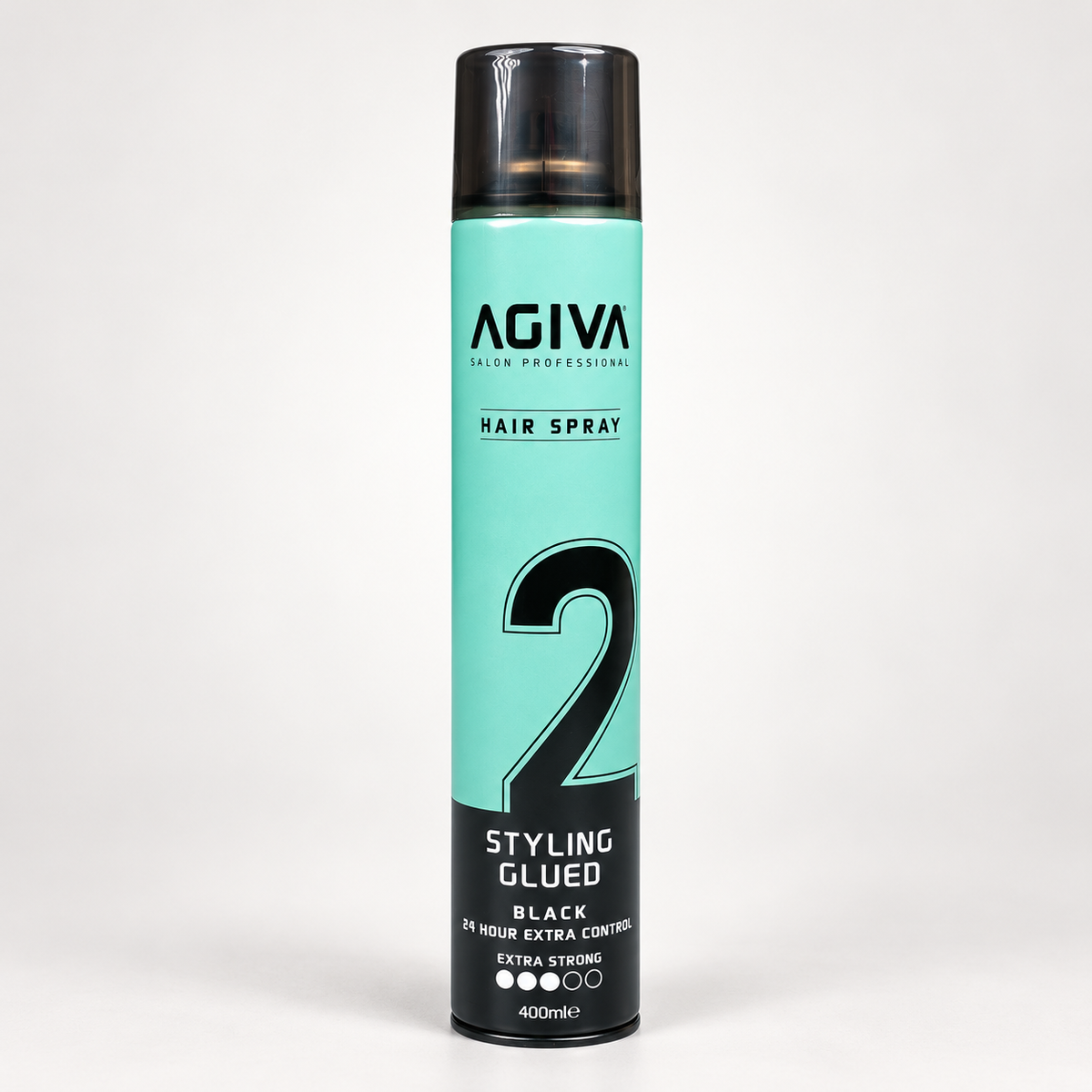 Agiva Hair Styling Spray Glued Black 02 400 mL on a clean studio background