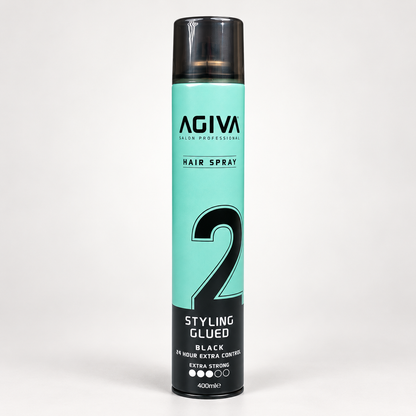 Agiva Hair Styling Spray Glued Black 02 400 mL on a clean studio background