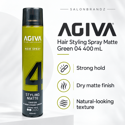 Agiva Hair Styling Spray Matte Green 04 400 mL benefits: Strong hold, Dry matte finish, Natural-looking texture