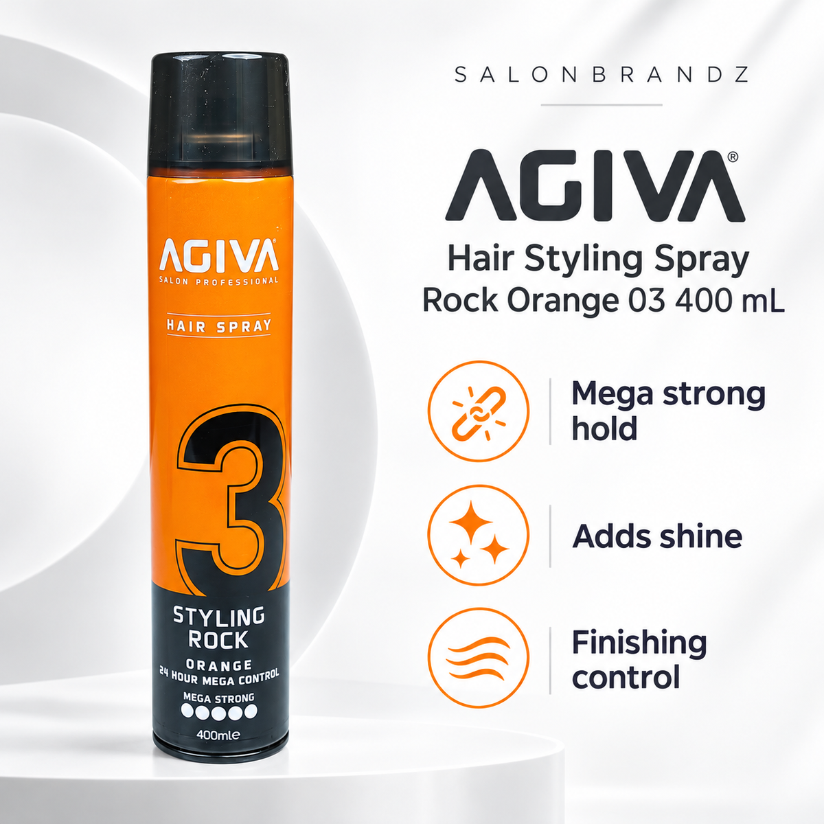 Agiva Hair Styling Spray Rock Orange 03 400 mL benefits: Mega strong hold, Adds shine, Finishing control