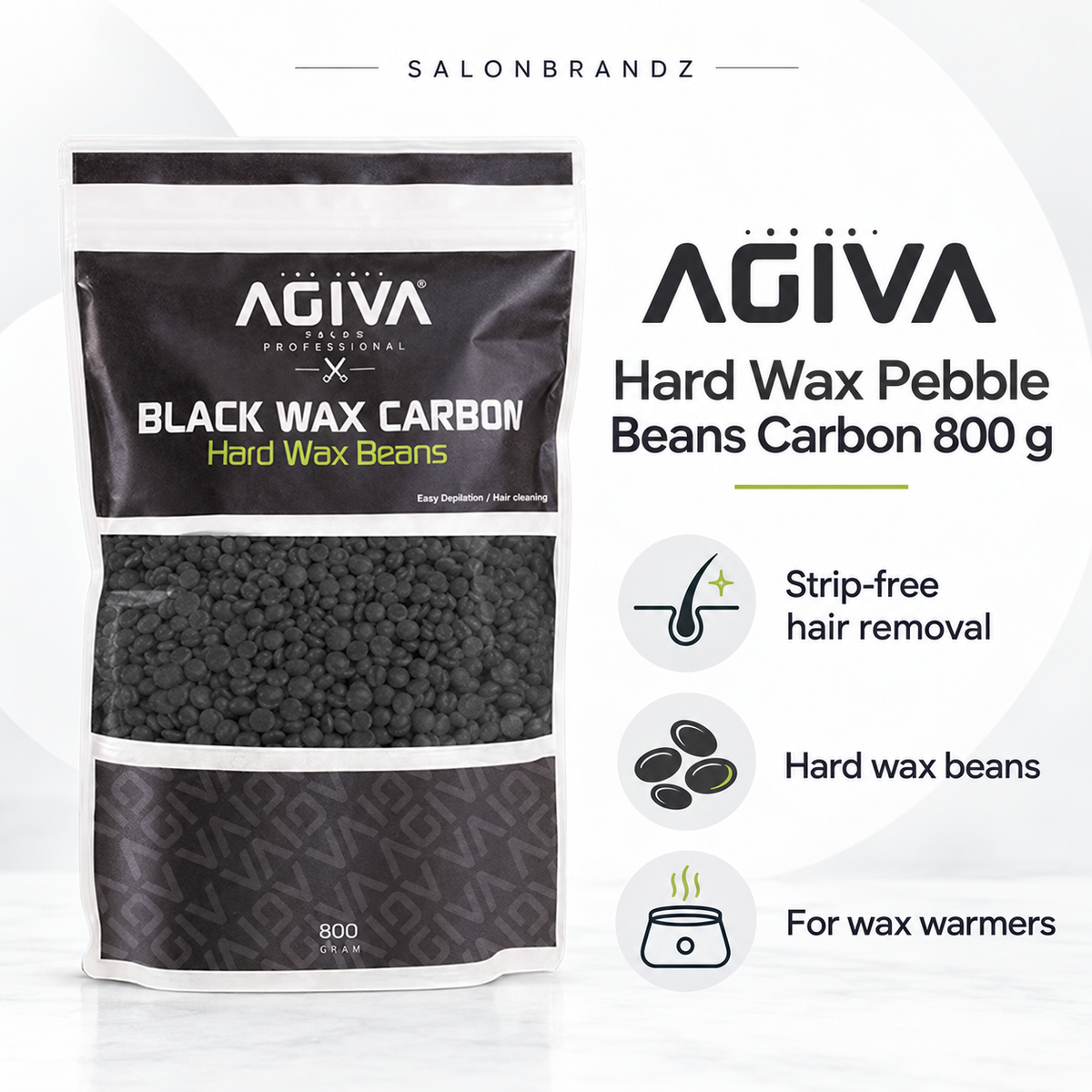 Agiva Hard Wax Pebble Beans Carbon 800 g benefits: Strip-free hair removal, Hard wax beans, For wax warmers