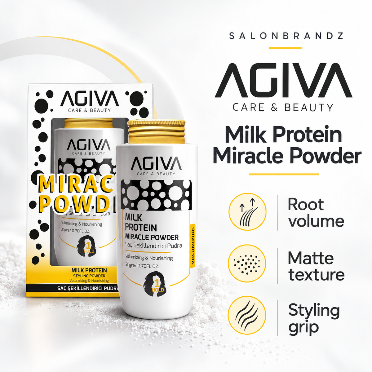 Agiva Milk Protein Miracle Powder benefits: Root volume, Matte texture, Styling grip