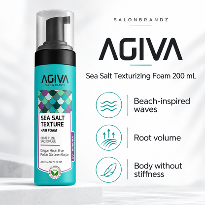 Agiva Sea Salt Texturizing Foam 200 mL benefits: Beach-inspired waves, Root volume, Body without stiffness