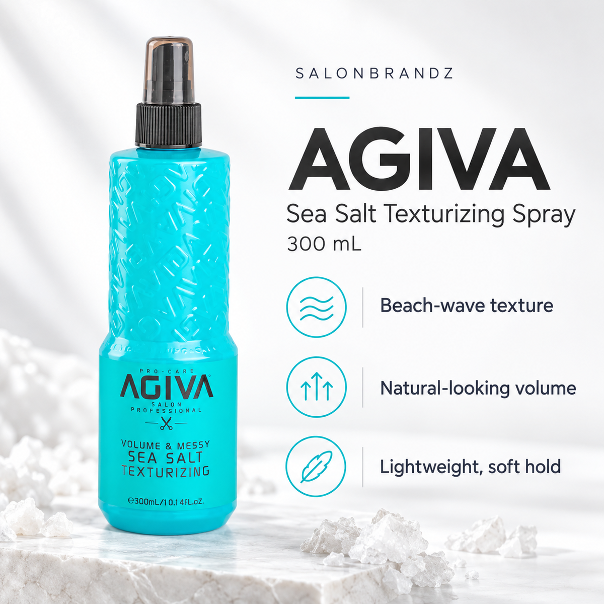 Agiva sea salt spray benefits: beach-wave texture, natural-looking volume and lightweight soft hold