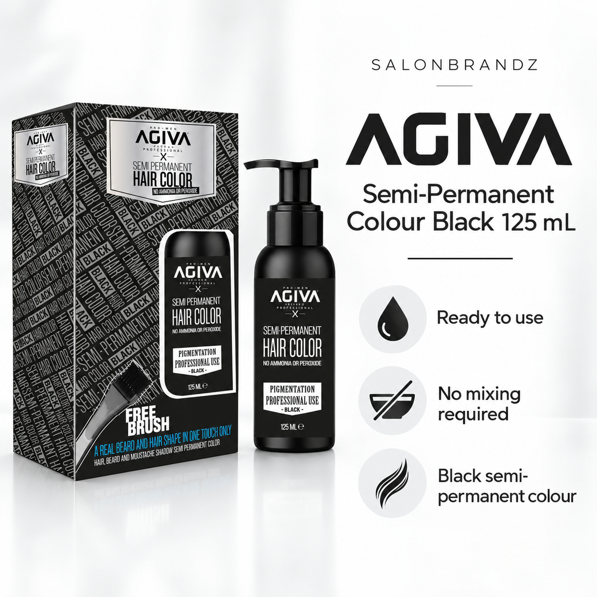 Agiva Semi-Permanent Colour Black 125 mL benefits: Ready to use, No mixing required, Black semi-permanent colour