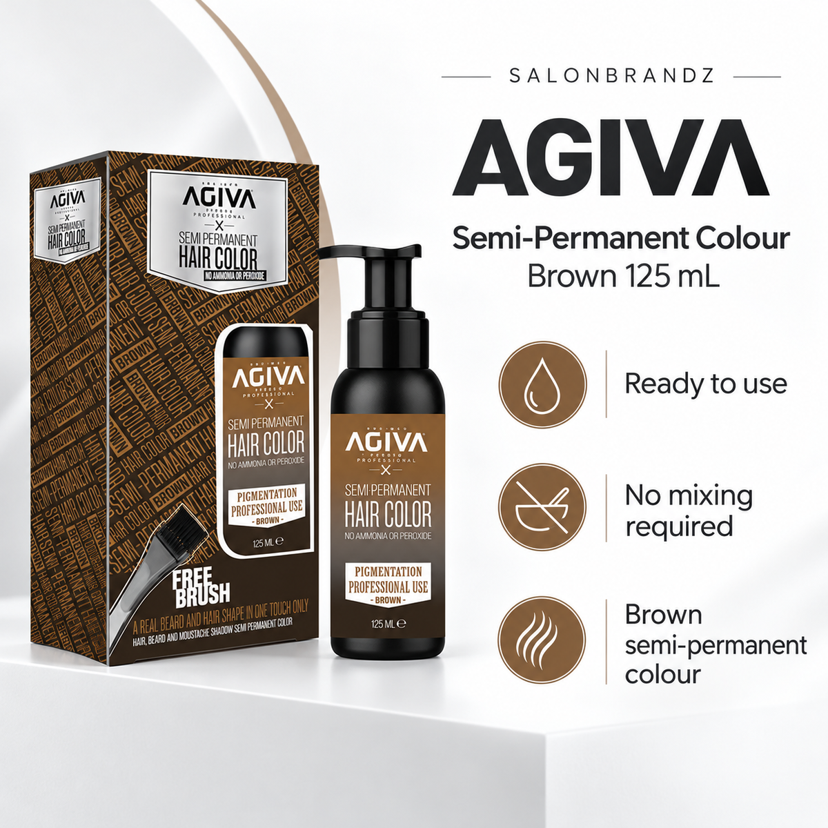 Agiva Semi-Permanent Colour Brown 125 mL benefits: Ready to use, No mixing required, Brown semi-permanent colour