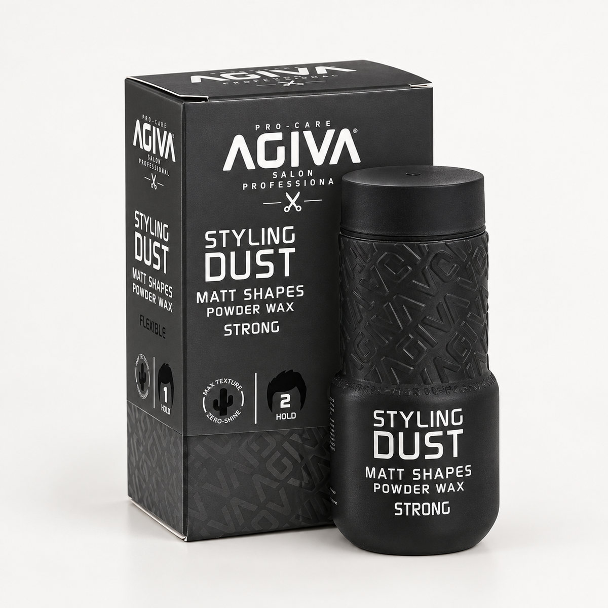 Agiva Styling Hair Powder Wax Strong Black 02 20 g on a clean studio background