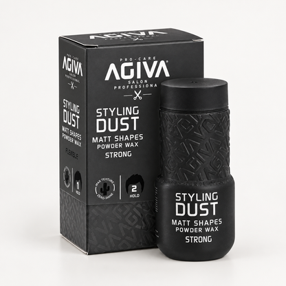 Agiva Styling Hair Powder Wax Strong Black 02 20 g on a clean studio background