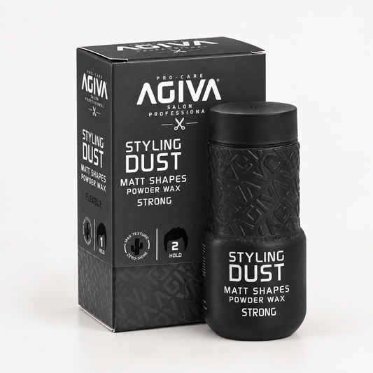 Agiva Styling Hair Powder Wax Strong Black 02 20 g on a clean studio background