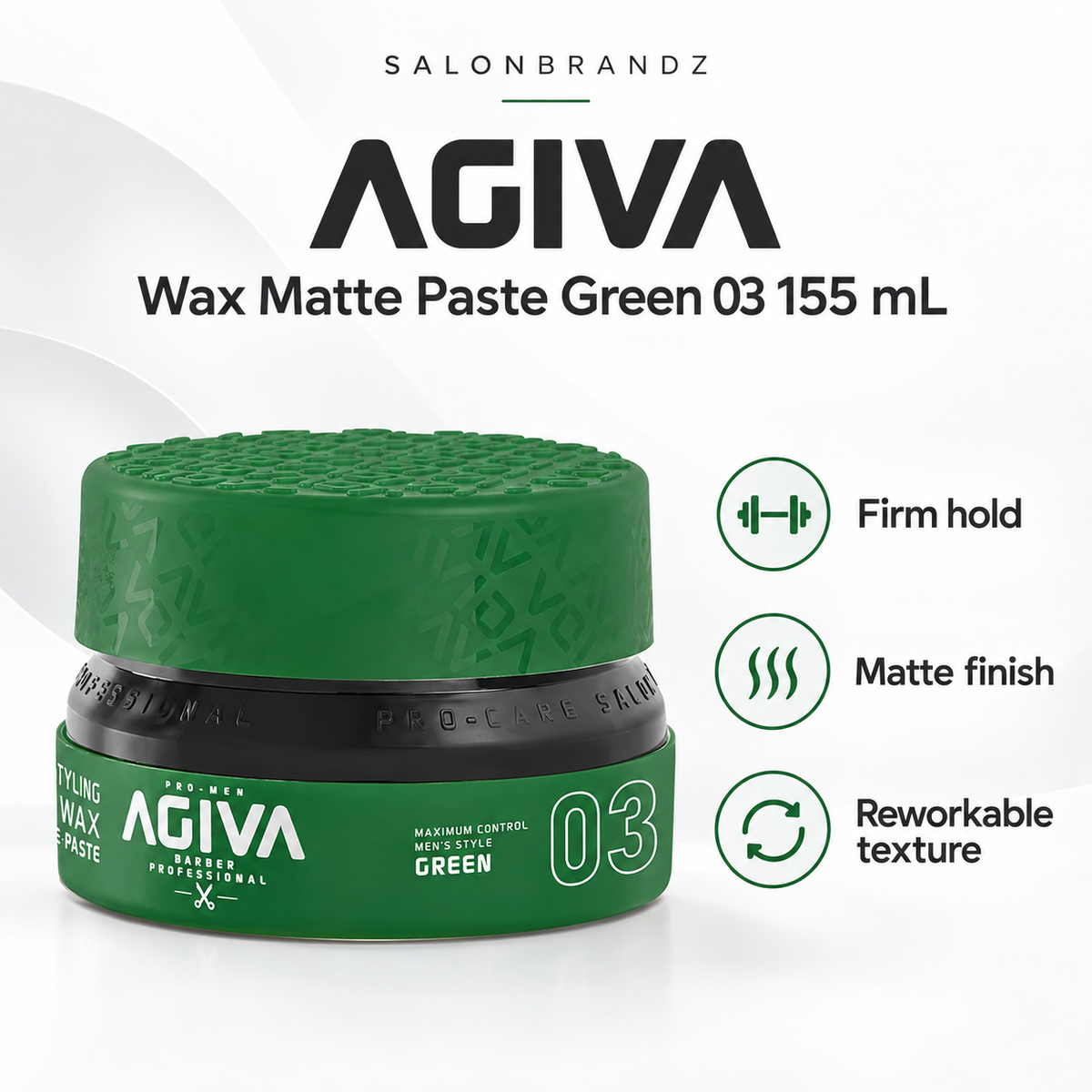 Agiva Wax Matte Paste Green 03 155 mL benefits: Firm hold, Matte finish, Reworkable texture