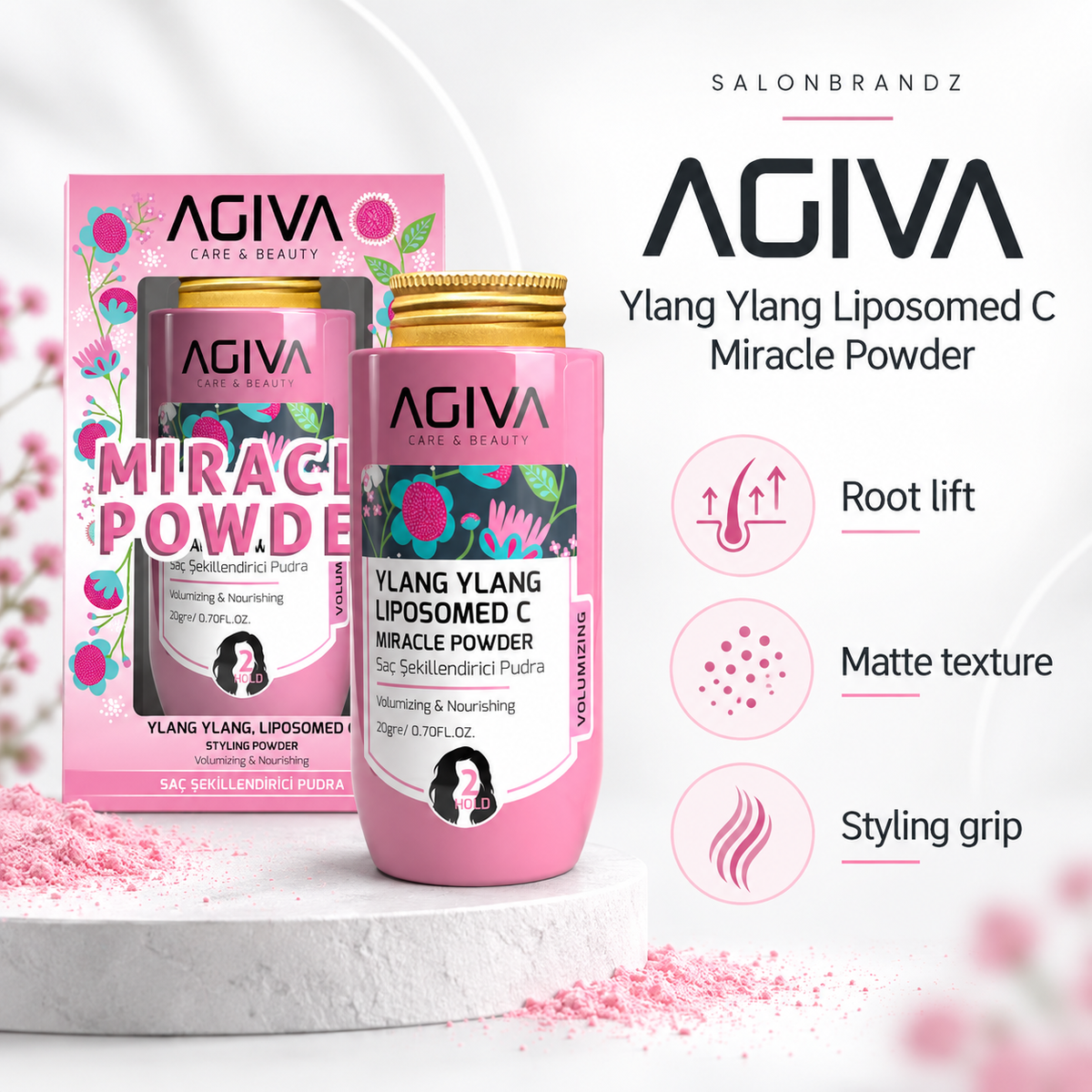 Agiva Ylang Ylang Liposomed C Miracle Powder benefits: Root lift, Matte texture, Styling grip