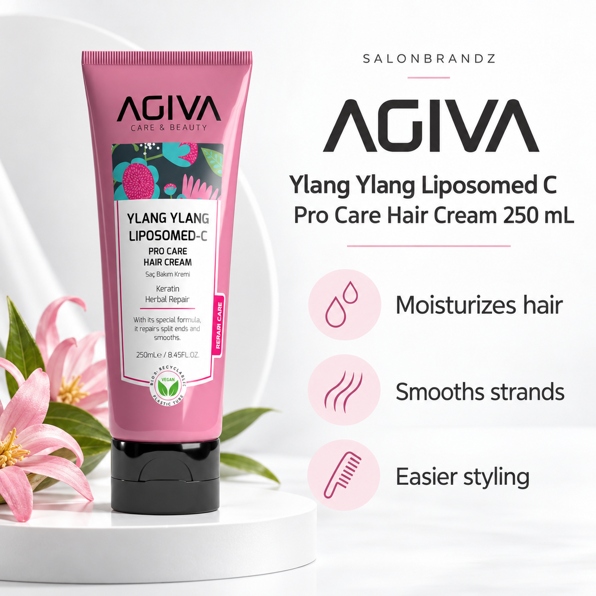 Agiva Ylang Ylang Liposomed C Pro Care Hair Cream 250 mL benefits: Moisturizes hair, Smooths strands, Easier styling