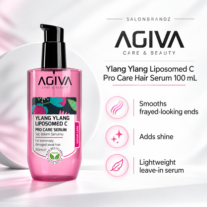 Agiva Ylang Ylang Liposomed C Pro Care Hair Serum 100 mL benefits: Smooths frayed-looking ends, Adds shine, Lightweight leave-in serum